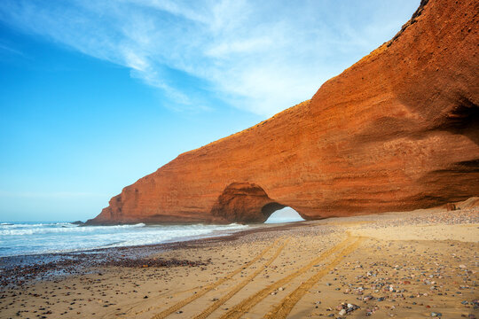 The famous red rock arch at Legzira Beach in Morocco
