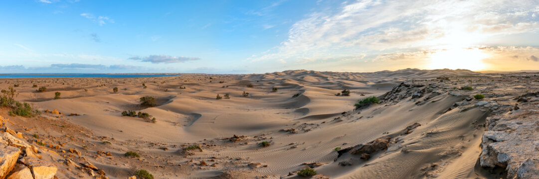 Panoramic view of Sahara desert sand dunes by the ocean at sunset