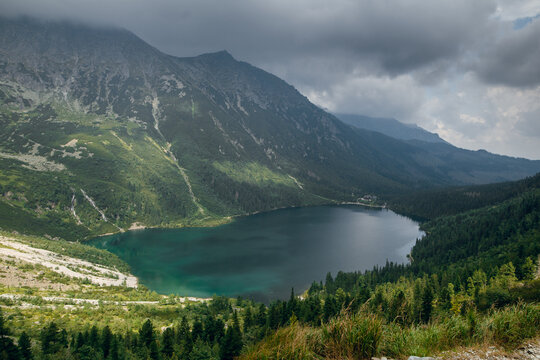 Morskie Oko lake in Tatra mountains, Poland, under dramatic cloudy sky