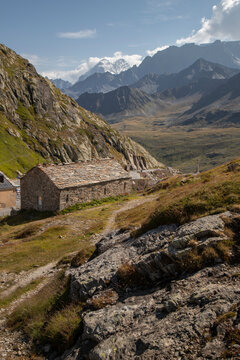 Great st bernard pass historic stone building in alps