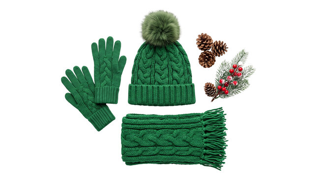 Green winter knit set with beanie hat, gloves and scarf. Warm cable knit seasonal accessories. Christmas holiday apparel with pine cones. isolated PNG with Transparent Background