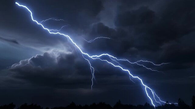 A dynamic lightning strike illuminates a stormy sky with dark, dramatic clouds.