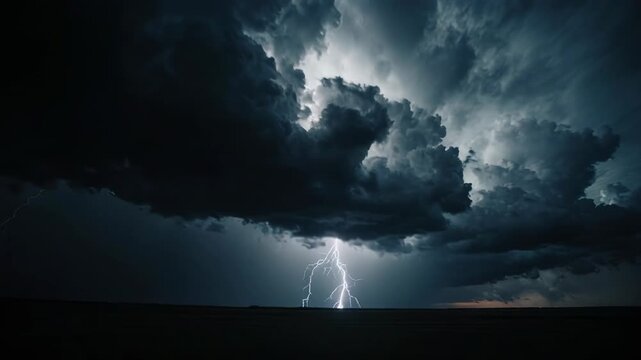 Dramatic storm clouds with lightning strikes during twilight over dark landscape cinematic motion
