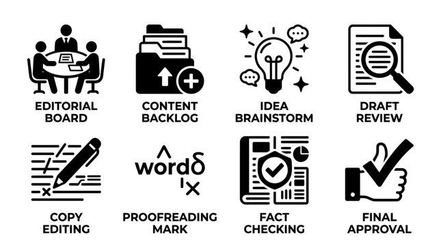 Set of editorial and content management process icons illustrating editorial board content backlog idea brainstorm draft review copy editing proofreading mark fact checking final approval