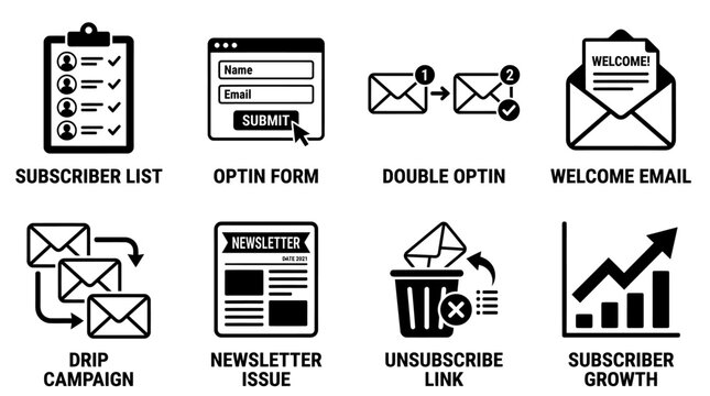 Set of email marketing and subscriber growth icons showing subscriber list optin form double optin welcome email drip campaign newsletter issue unsubscribe link with marketing subscriber campaign