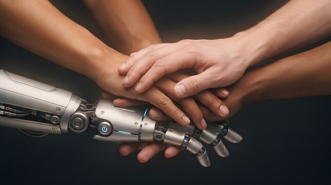 Diverse human hands stacked together with a robotic hand symbolizing unity and technological collaboration.