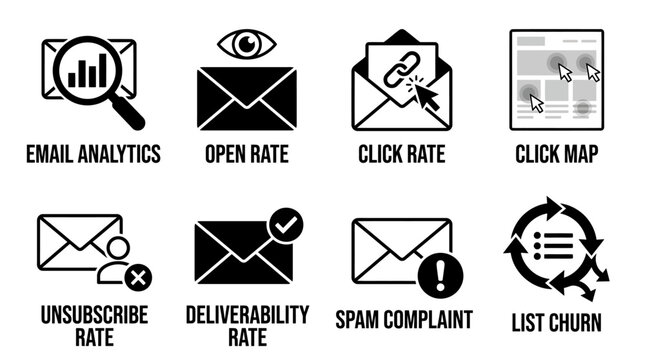 Email marketing analytics and performance icons including open rate click map unsubscribe rate deliverability rate spam complaint list churn with analytics marketing performance envelope