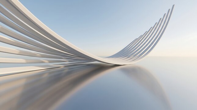 Futuristic white sweeping architectural ribs creating an aerodynamic curved tunnel shape over reflective ground with abstract