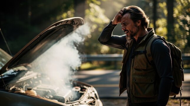 Stressed man looking at smoking car engine on a roadside. Driver frustrated by vehicle breakdown during road trip in the woods. Car insurance and emergency assistance concept for marketing.