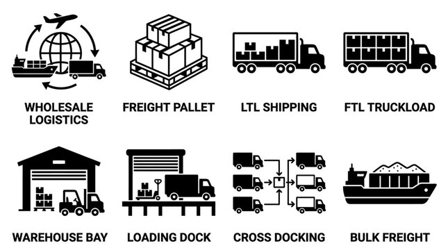 Logistics and shipping icons set featuring wholesale transport freight pallet and bulk cargo delivery logistics shipping transport warehouse delivery business commerce airplane distribution