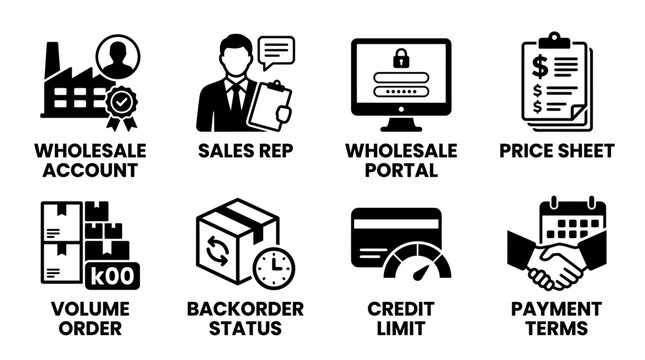 Wholesale account and sales representative icons featuring portal price sheet volume order and payment terms wholesale representative backorder computer password document clipboard handshake