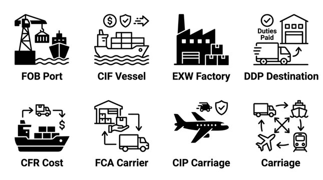Set of black and white shipping incoterms and transport vector icons featuring port fob cif exw and ddp destination shipping incoterms destination carriage transport logistic container