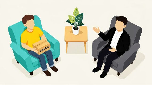 Man holding donation box sitting in armchair opposite businessman. Discussion about charity and community support in professional setting. Philanthropy and social responsibility concept.