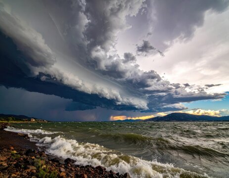 A dramatic storm rolls in over a turbulent lake with waves crashing on the shore.