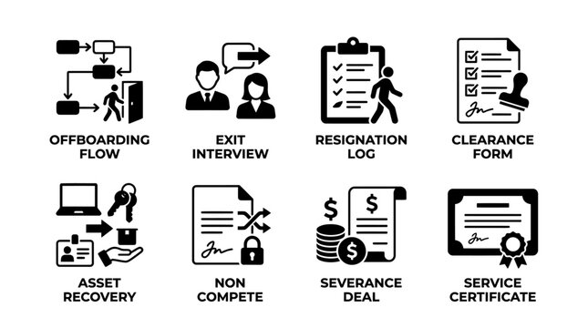 Set of black and white vector icons representing offboarding flow exit interview resignation log clearance form asset recovery non compete severance deal and service certificate with offboarding