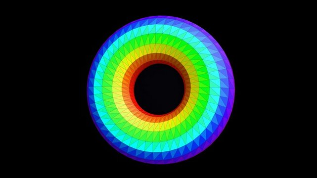 Rainbow Geometric Torus Animation | Colorful Faceted Circle Ring on Black Background 10s