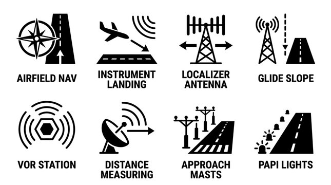 Airfield navigation and radio aids vector icon set for aviation and flight safety with airfield instrument localizer measuring approach aviation navigation communication silhouette collection