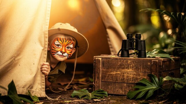 Little boy with tiger face paint peeking from a tent in a jungle setting. Child wearing a safari hat during an imaginative outdoor adventure. Childhood exploration concept for camping marketing.