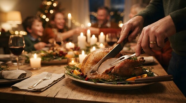 Close up of male hands carving a golden roasted turkey on a festive dinner table with family and Christmas tree lights