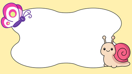 Cartoon butterfly and snail border frame, cute insect stationery background, pink and yellow animal note template for kids © Senandung