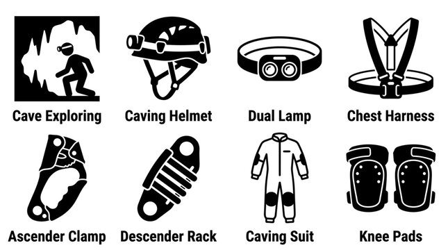 Cave exploring and spelunking equipment icon set with specialized underground safety gear and lighting tools exploring ascender descender underground spelunking mountaineering climbing