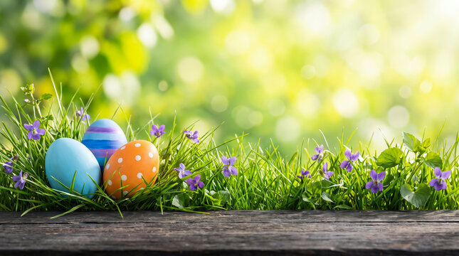 Colorful painted Easter eggs hidden in green grass with spring flowers on wooden table