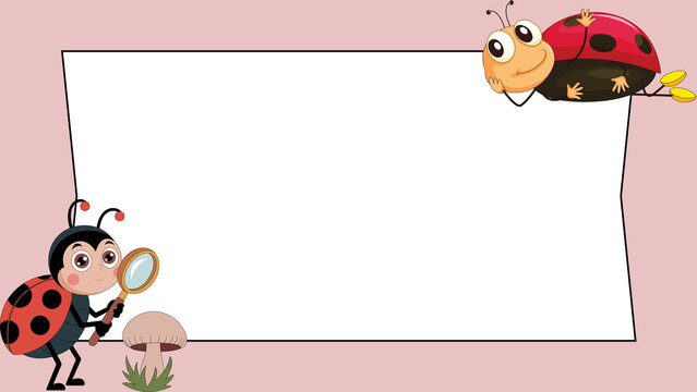 Cute ladybug border frame, cartoon insect background with blank white space, red beetle illustration for kids education