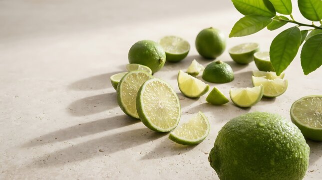 Fresh Limes Sliced and Whole on Light Stone Surface with Green Leaves
