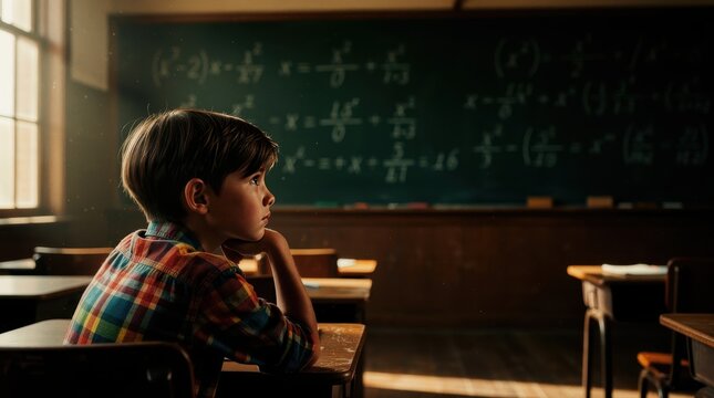Boy sitting at desk in classroom looking at math equations on chalkboard. Student focusing on complex formulas during a lesson. Learning and academic concept for school marketing.