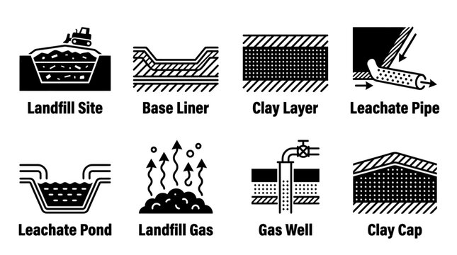 Set of landfill site and infrastructure silhouette icons including base liner clay layer leachate pipe leachate pond landfill gas well clay cap with landfill infrastructure silhouette leachate