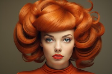 Obraz premium Studio portrait of a fashion model showcasing voluminous, styled red hair and wearing an orange turtleneck dress