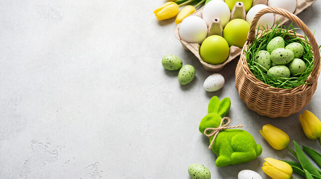 Easter flat lay composition with decorated eggs basket bunny and yellow tulips