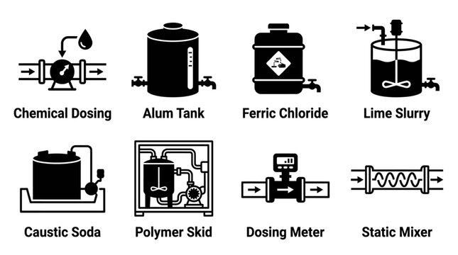 Water treatment chemical dosing and mixing icons showcasing alum tank ferric chloride and static mixer with chemical chloride treatment industry engineering facility infrastructure silhouette