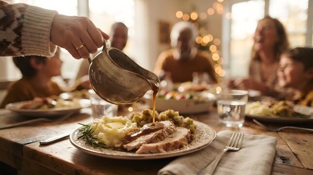 Close up of hand pouring savory gravy onto roasted turkey breast with mashed potatoes and stuffing during a warm family holiday dinner