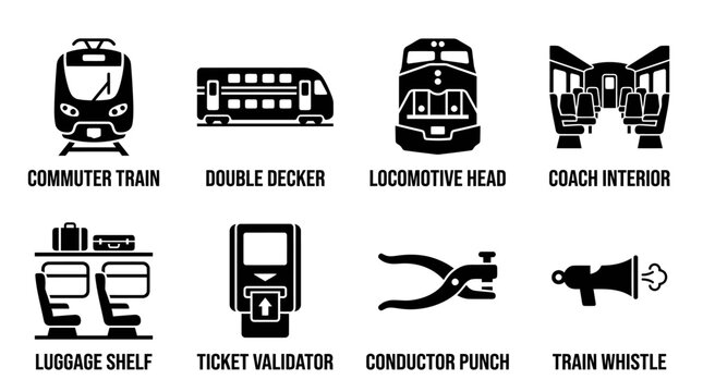 Vector set of train and railway icons featuring commuter trains locomotive heads coach interiors ticket validators locomotive transportation collection silhouette commuter interior validator