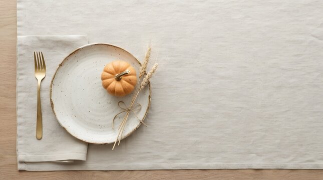Minimalist Thanksgiving table setting with white ceramic plate, small pumpkin, gold fork, and dried wheat on linen tablecloth