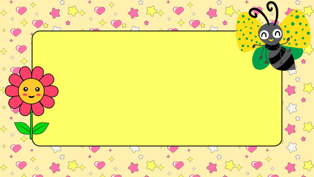 Cute cartoon frame with bee and flower, yellow copy space background, playful nursery border with stars and hearts
