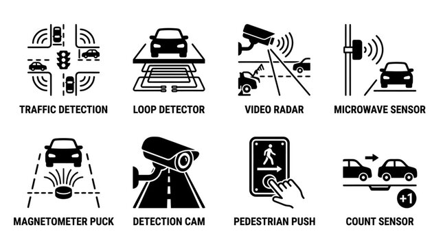 Collection of traffic detection and monitoring sensor icons including detector radar microwave sensor magnetometer and pedestrian push button in black silhouette style with detection