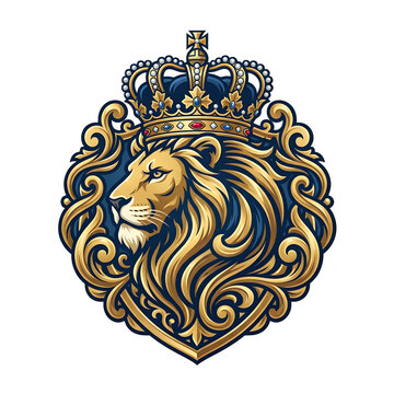 Majestic lion head crest with royal crown, gold and blue heraldic emblem, luxury shield logo for branding and apparel