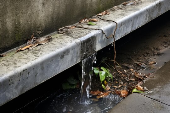 Water cascading from a drainpipe into a storm drain on a wet day