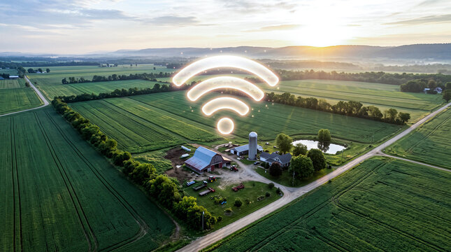 Luminous wifi signal icon hovering over green farm landscape represents smart agriculture and rural connectivity tech.