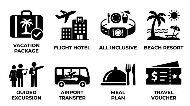Set of vacation package and travel service icons including beach resort and airport transfer with vacation inclusive excursion transfer collection silhouette illustration transport relaxation