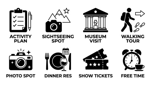 Travel activity plan sightseeing spot museum visit walking tour and tickets icons set with activity sightseeing reservation clipboard mountain building architecture backpack footsteps