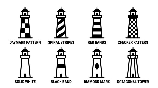 Collection of lighthouse exterior patterns and tower designs displaying daymark spiral stripes red bands and checker pattern with lighthouse octagonal architecture navigation structure building