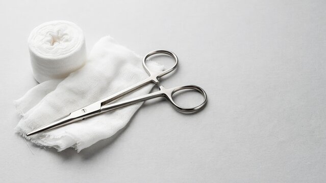Surgical stainless steel forceps placed next to rolled gauze and medical bandage on a clean grey surface