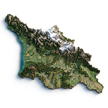 Topographic 3d relief map of georgia with realistic terrain textures and snow capped mountain peaks isolated on white