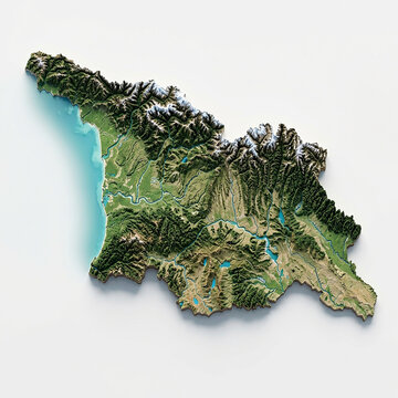 Topographic 3d relief map of georgia showing mountain ranges and valleys isolated on a white background