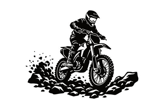 Dirt motorcycle rider standing tall on foot pegs while navigating rough terrain, strong adventure riding posture, simple monocolor solid vector illustration, isolated white background
