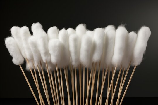 Close up of cotton swabs arranged in a row, emphasizing their texture and sterile quality