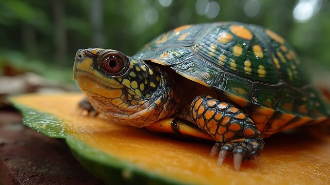 Baby box turtle on a pumpkin slice, macro photography